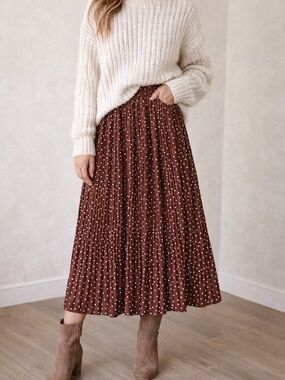 EXLURA NWT Pleated Polka Dot Midi Skirt Small Boho Fall Rust Brown